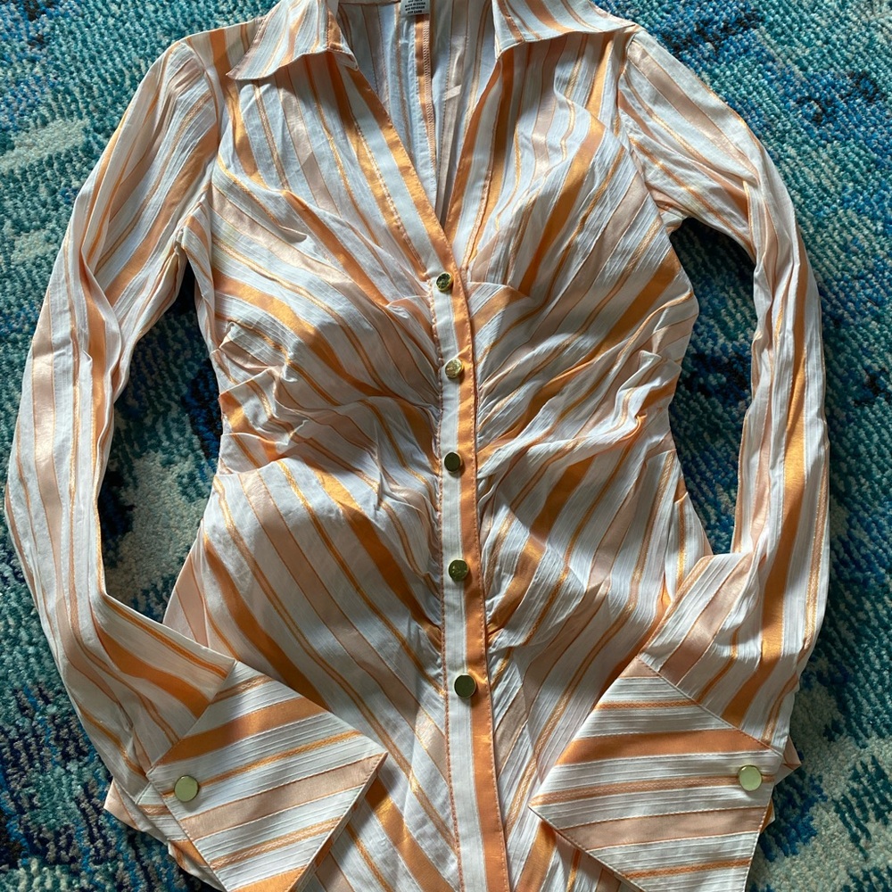 Cache Orange and White Striped Button-Down Shirt